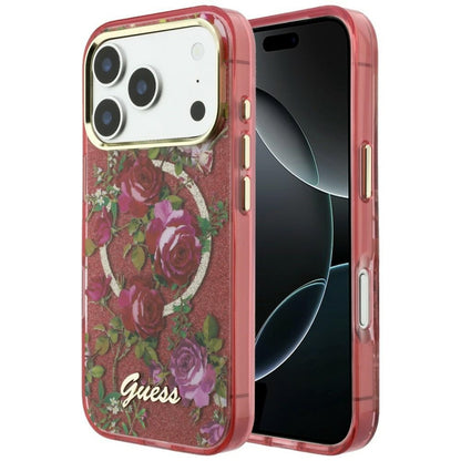 MagSafe Case for Apple iPhone 18 Pro Max / 17 Pro Max, Guess, IML Glitter Blossom Roses, Burgundy