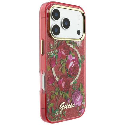 MagSafe Case for Apple iPhone 18 Pro Max / 17 Pro Max, Guess, IML Glitter Blossom Roses, Burgundy