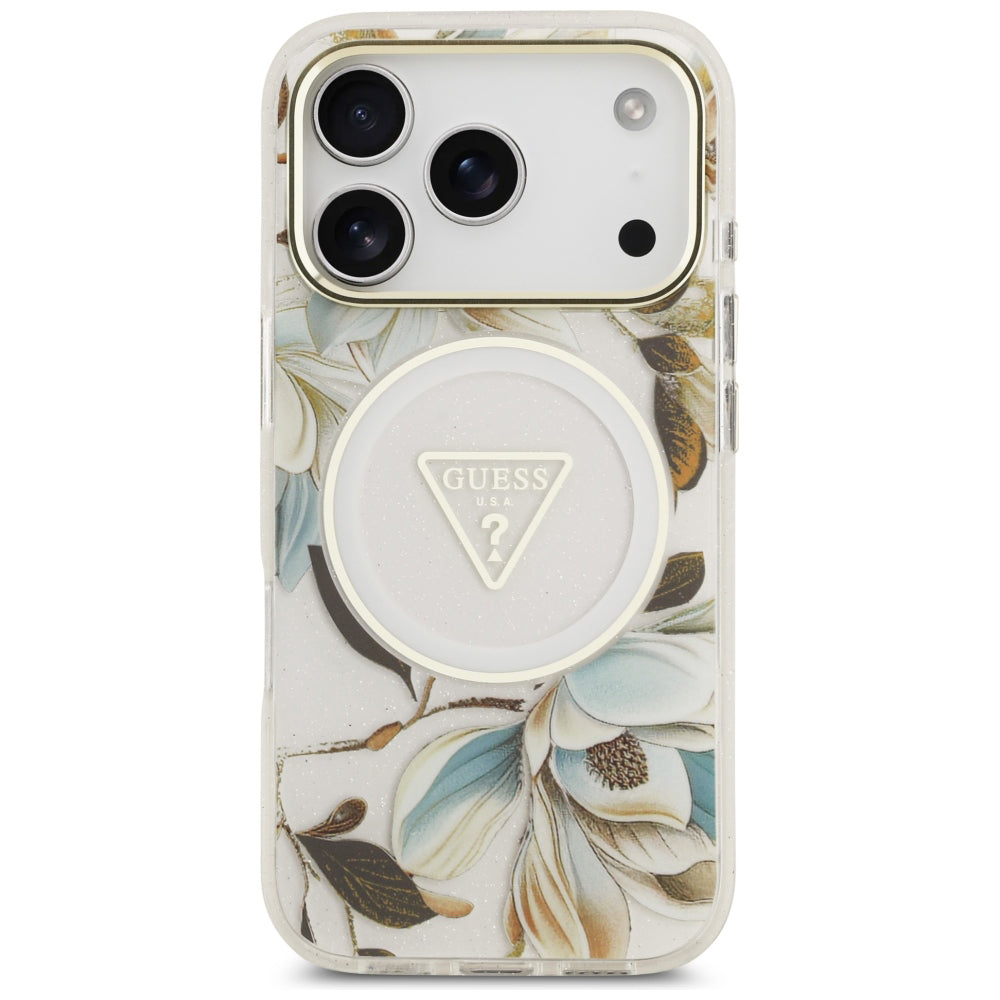 MagSafe Case for Apple iPhone 18 Pro Max / 17 Pro Max, Guess, IML Metal Glitter Flowers Triangle, White