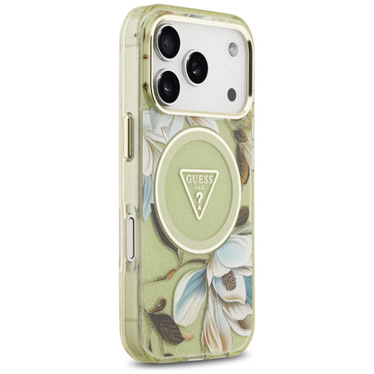 MagSafe Case for Apple iPhone 18 Pro Max / 17 Pro Max, Guess, IML Metal Glitter Flowers Triangle, Green