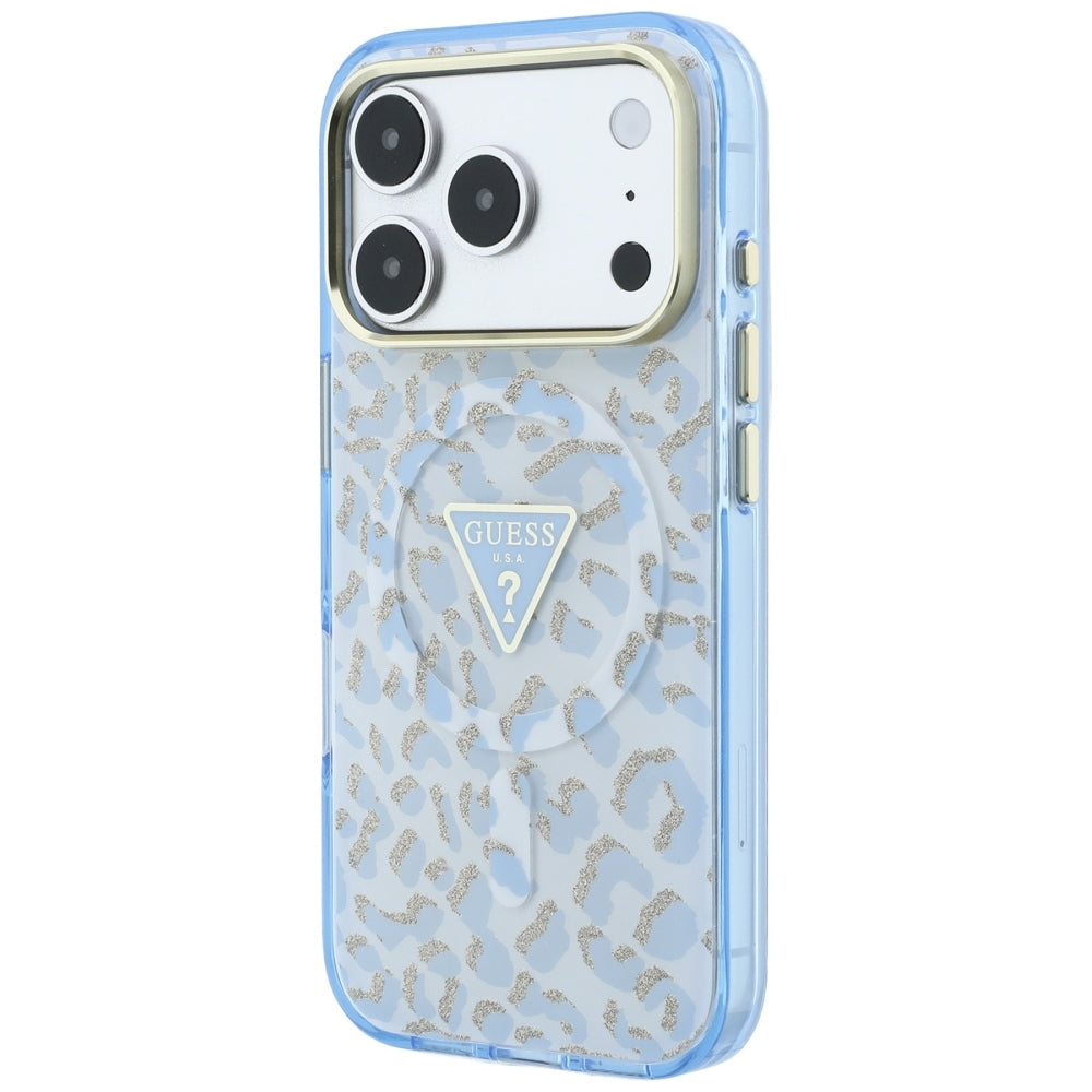MagSafe Case for Apple iPhone 18 Pro Max / 17 Pro Max, Guess, Leopard Glitter Triangle Logo, Blue