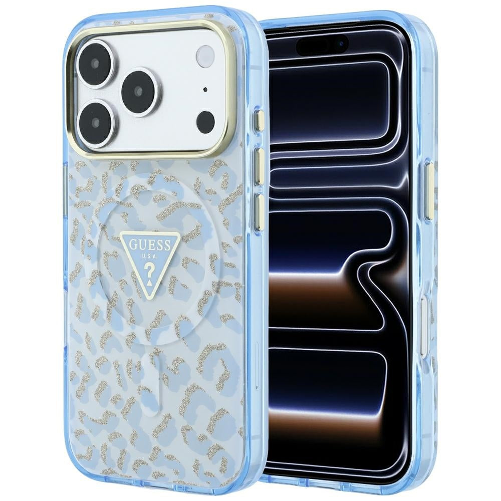 MagSafe Case for Apple iPhone 18 Pro Max / 17 Pro Max, Guess, Leopard Glitter Triangle Logo, Blue