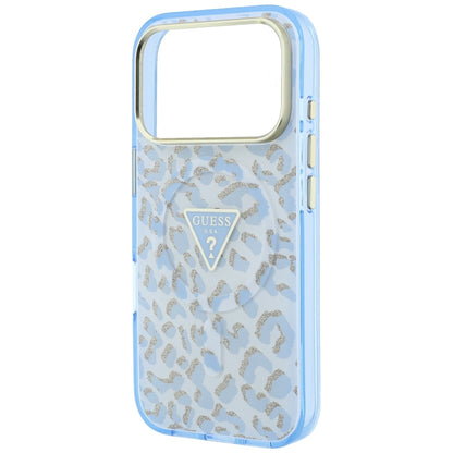 MagSafe Case for Apple iPhone 18 Pro Max / 17 Pro Max, Guess, Leopard Glitter Triangle Logo, Blue