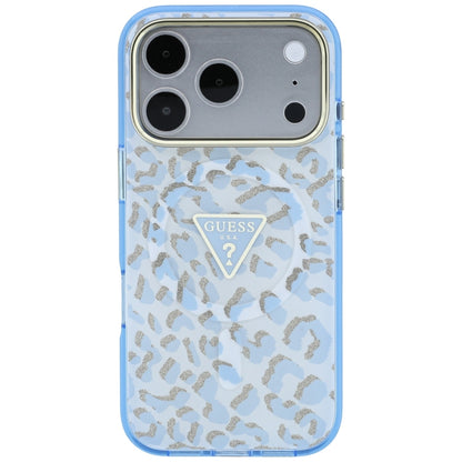 MagSafe Case for Apple iPhone 18 Pro Max / 17 Pro Max, Guess, Leopard Glitter Triangle Logo, Blue