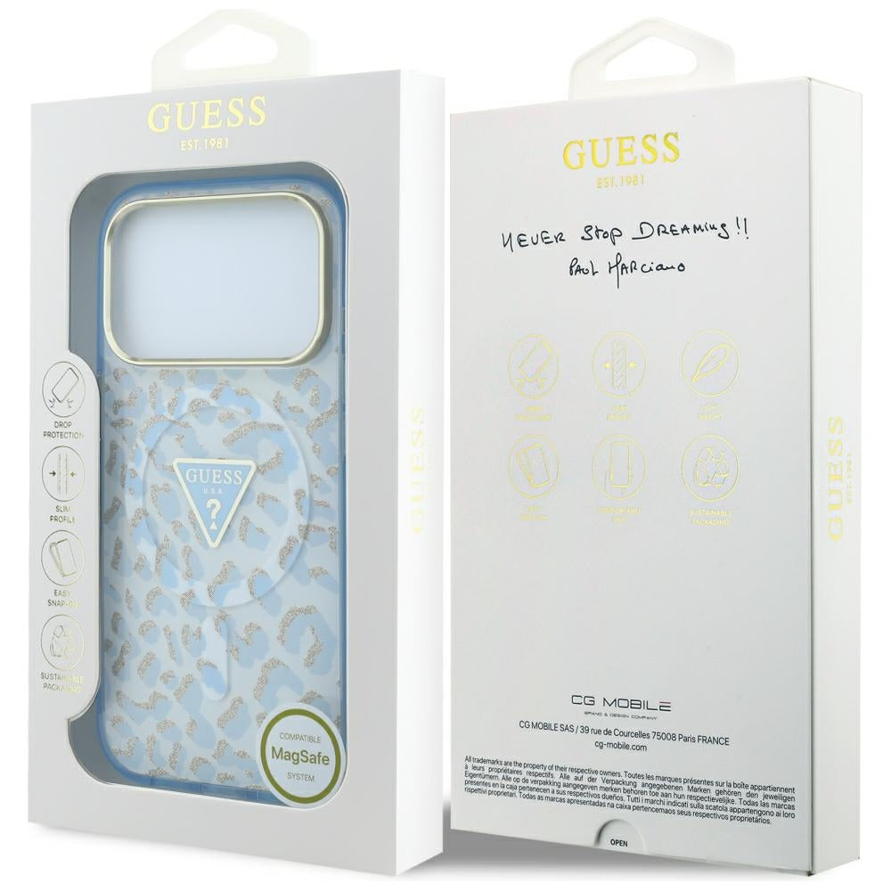 MagSafe Case for Apple iPhone 18 Pro Max / 17 Pro Max, Guess, Leopard Glitter Triangle Logo, Blue