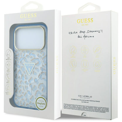 MagSafe Case for Apple iPhone 18 Pro Max / 17 Pro Max, Guess, Leopard Glitter Triangle Logo, Blue