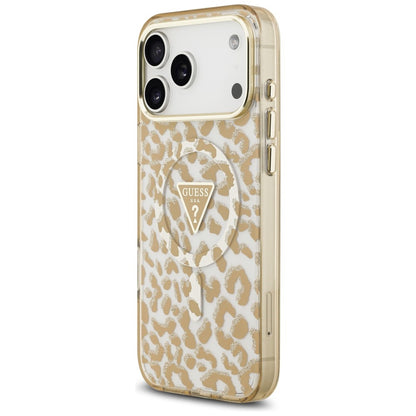 MagSafe Case for Apple iPhone 18 Pro Max / 17 Pro Max, Guess, Leopard Glitter Triangle Logo, Brown