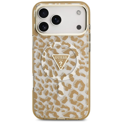 MagSafe Case for Apple iPhone 18 Pro Max / 17 Pro Max, Guess, Leopard Glitter Triangle Logo, Brown