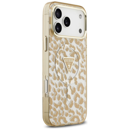 MagSafe Case for Apple iPhone 18 Pro Max / 17 Pro Max, Guess, Leopard Glitter Triangle Logo, Brown