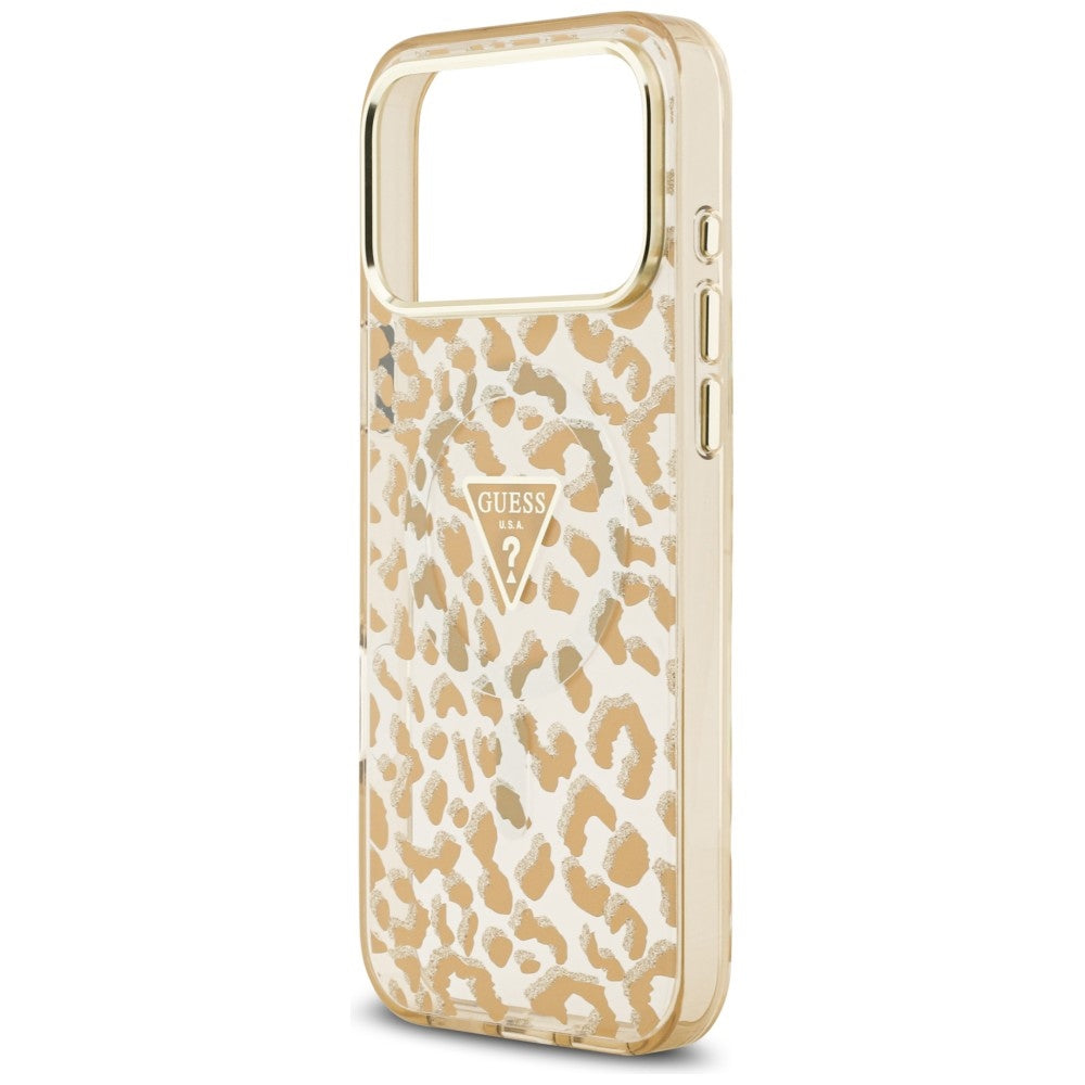 MagSafe Case for Apple iPhone 18 Pro Max / 17 Pro Max, Guess, Leopard Glitter Triangle Logo, Brown