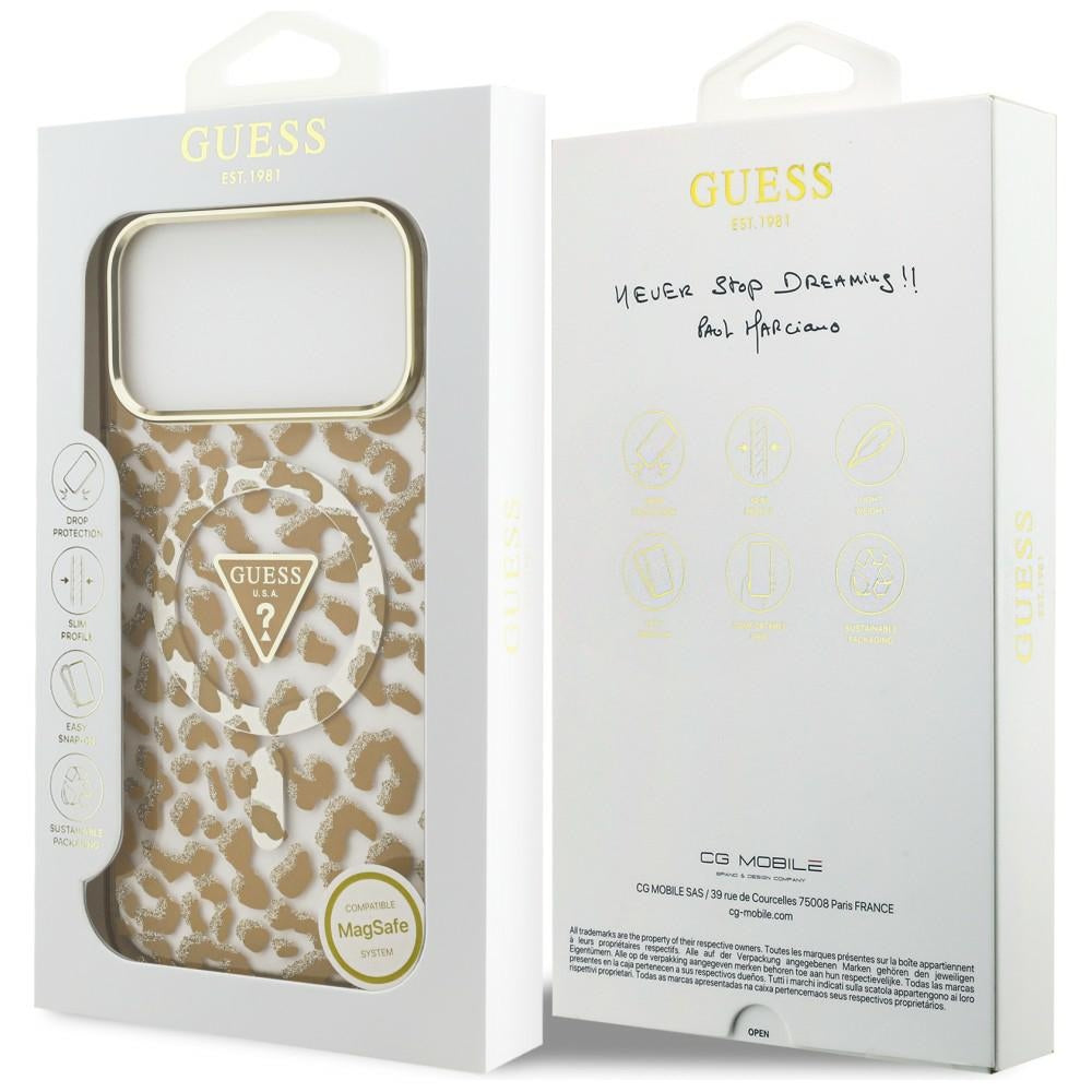 MagSafe Case for Apple iPhone 18 Pro Max / 17 Pro Max, Guess, Leopard Glitter Triangle Logo, Brown