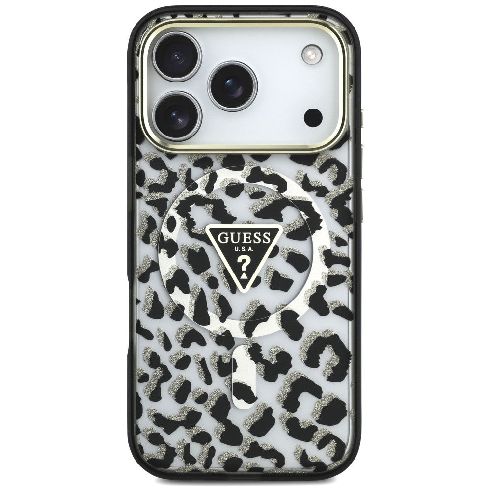 MagSafe Case for Apple iPhone 18 Pro Max / 17 Pro Max, Guess, Leopard Glitter Triangle Logo, Black