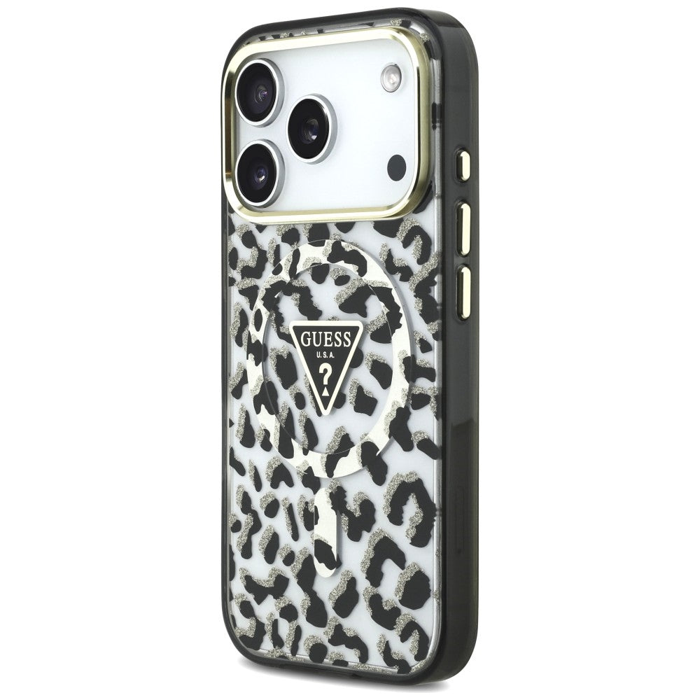 MagSafe Case for Apple iPhone 18 Pro Max / 17 Pro Max, Guess, Leopard Glitter Triangle Logo, Black