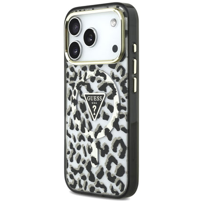 MagSafe Case for Apple iPhone 18 Pro Max / 17 Pro Max, Guess, Leopard Glitter Triangle Logo, Black