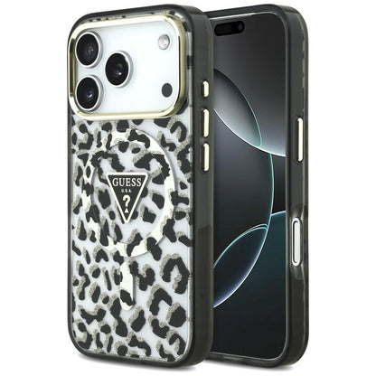 MagSafe Case for Apple iPhone 18 Pro Max / 17 Pro Max, Guess, Leopard Glitter Triangle Logo, Black