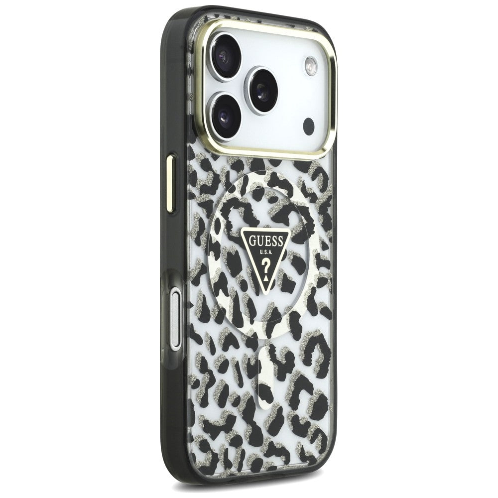 MagSafe Case for Apple iPhone 18 Pro Max / 17 Pro Max, Guess, Leopard Glitter Triangle Logo, Black