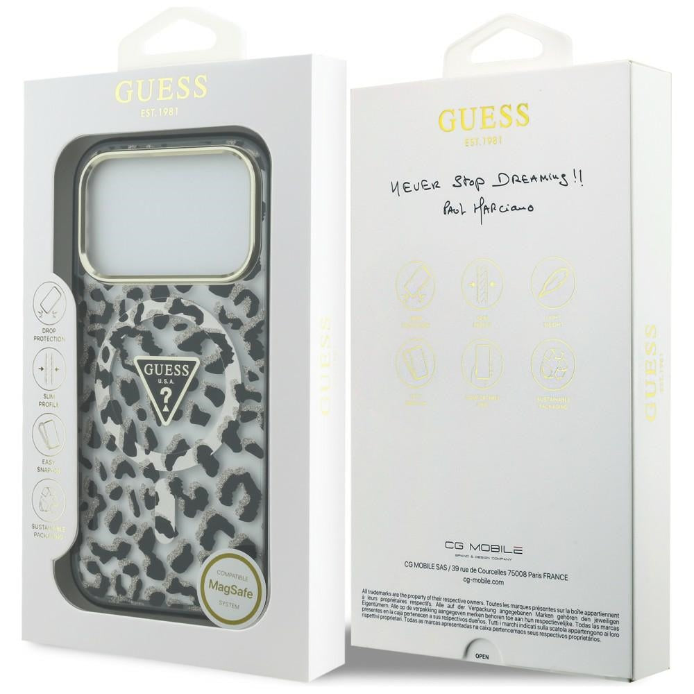 MagSafe Case for Apple iPhone 18 Pro Max / 17 Pro Max, Guess, Leopard Glitter Triangle Logo, Black