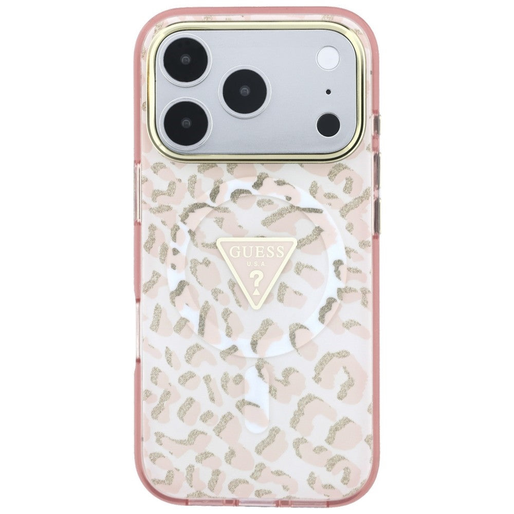 MagSafe Case for Apple iPhone 18 Pro Max / 17 Pro Max, Guess, Leopard Glitter Triangle Logo, Pink