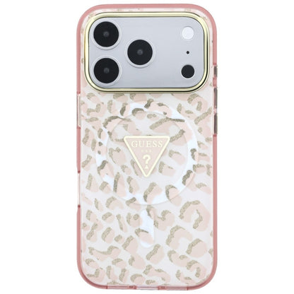 MagSafe Case for Apple iPhone 18 Pro Max / 17 Pro Max, Guess, Leopard Glitter Triangle Logo, Pink