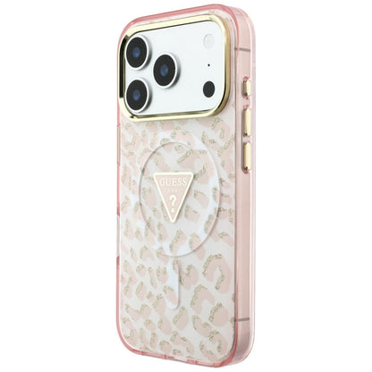 MagSafe Case for Apple iPhone 18 Pro Max / 17 Pro Max, Guess, Leopard Glitter Triangle Logo, Pink