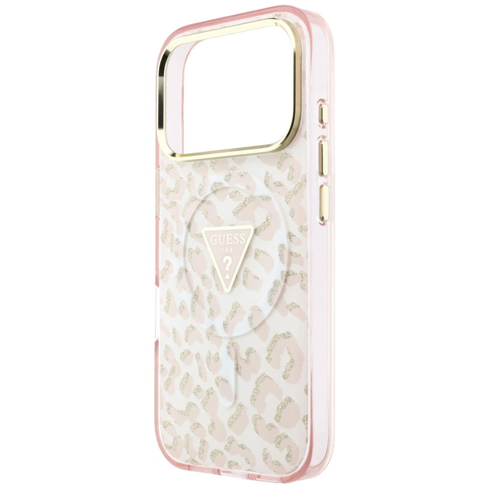 MagSafe Case for Apple iPhone 18 Pro Max / 17 Pro Max, Guess, Leopard Glitter Triangle Logo, Pink