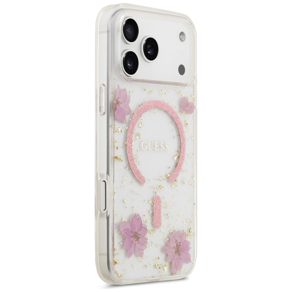 MagSafe Case for Apple iPhone 18 Pro Max / 17 Pro Max, Guess, Resin Flowers and Glitter, Pink