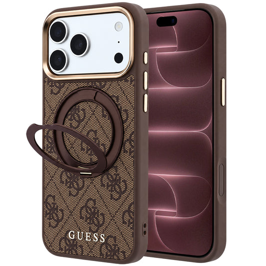 MagSafe Case for Apple iPhone 18 Pro Max / 17 Pro Max, Guess, Ring Stand 360 4G Classic Logo, Brown