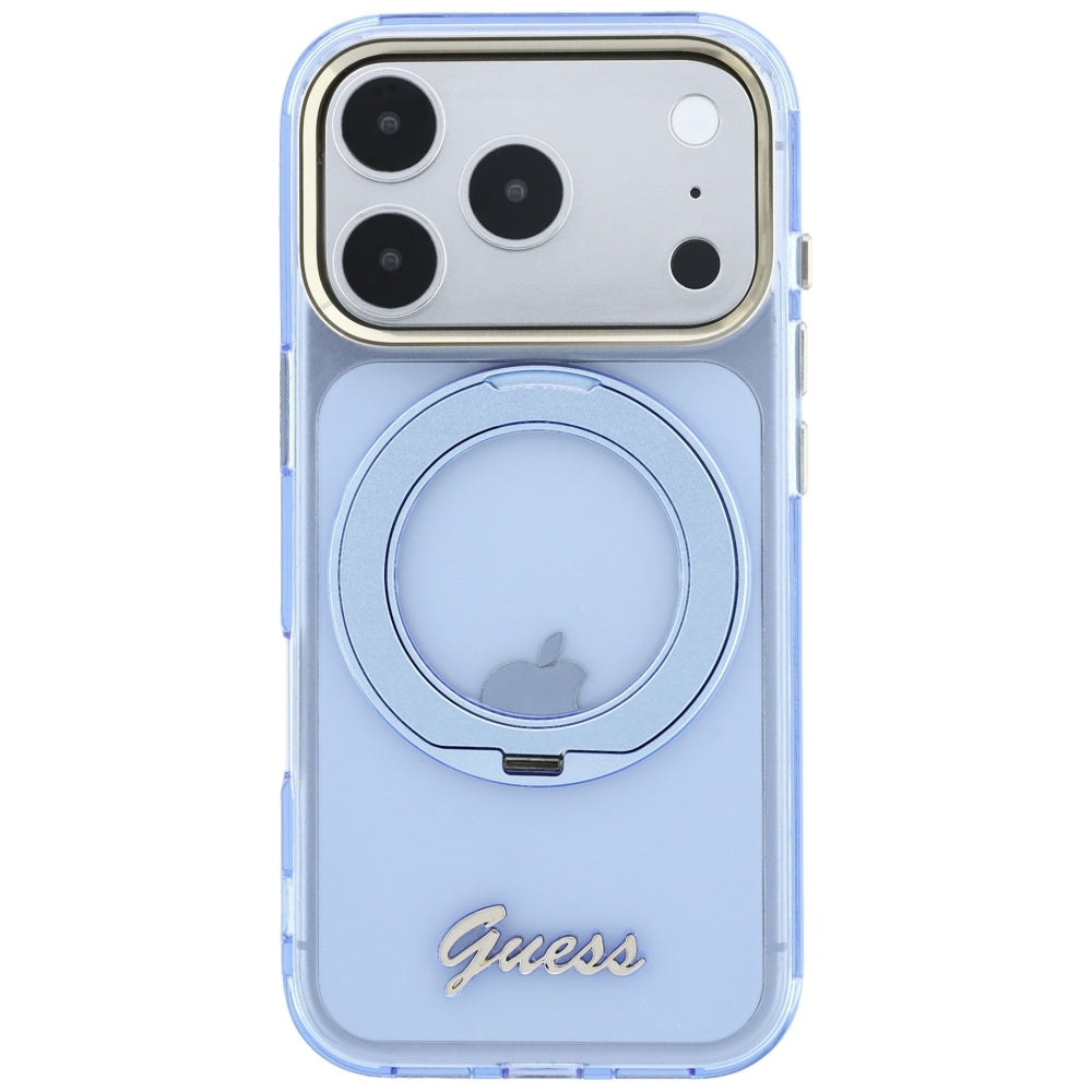 MagSafe Case for Apple iPhone 18 Pro Max / 17 Pro Max, Guess, Ring Stand Script Metal Logo, Blue