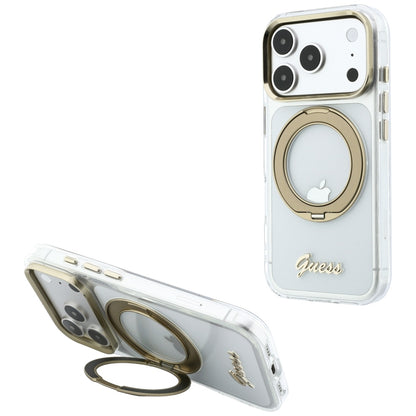 MagSafe Case for Apple iPhone 18 Pro Max / 17 Pro Max, Guess, Ring Stand Script Metal Logo, Transparent