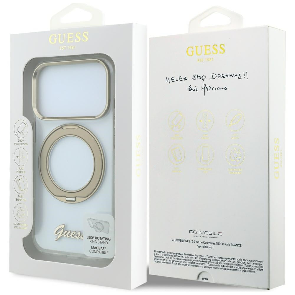 MagSafe Case for Apple iPhone 18 Pro Max / 17 Pro Max, Guess, Ring Stand Script Metal Logo, Transparent