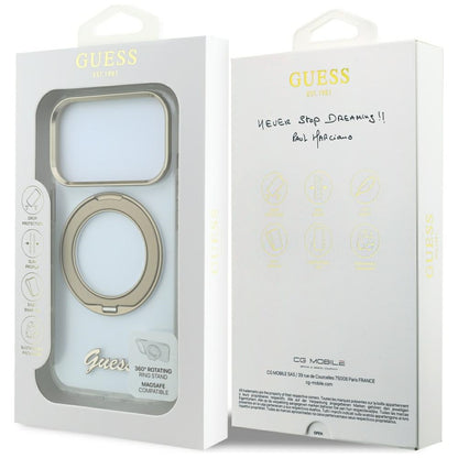 MagSafe Case for Apple iPhone 18 Pro Max / 17 Pro Max, Guess, Ring Stand Script Metal Logo, Transparent