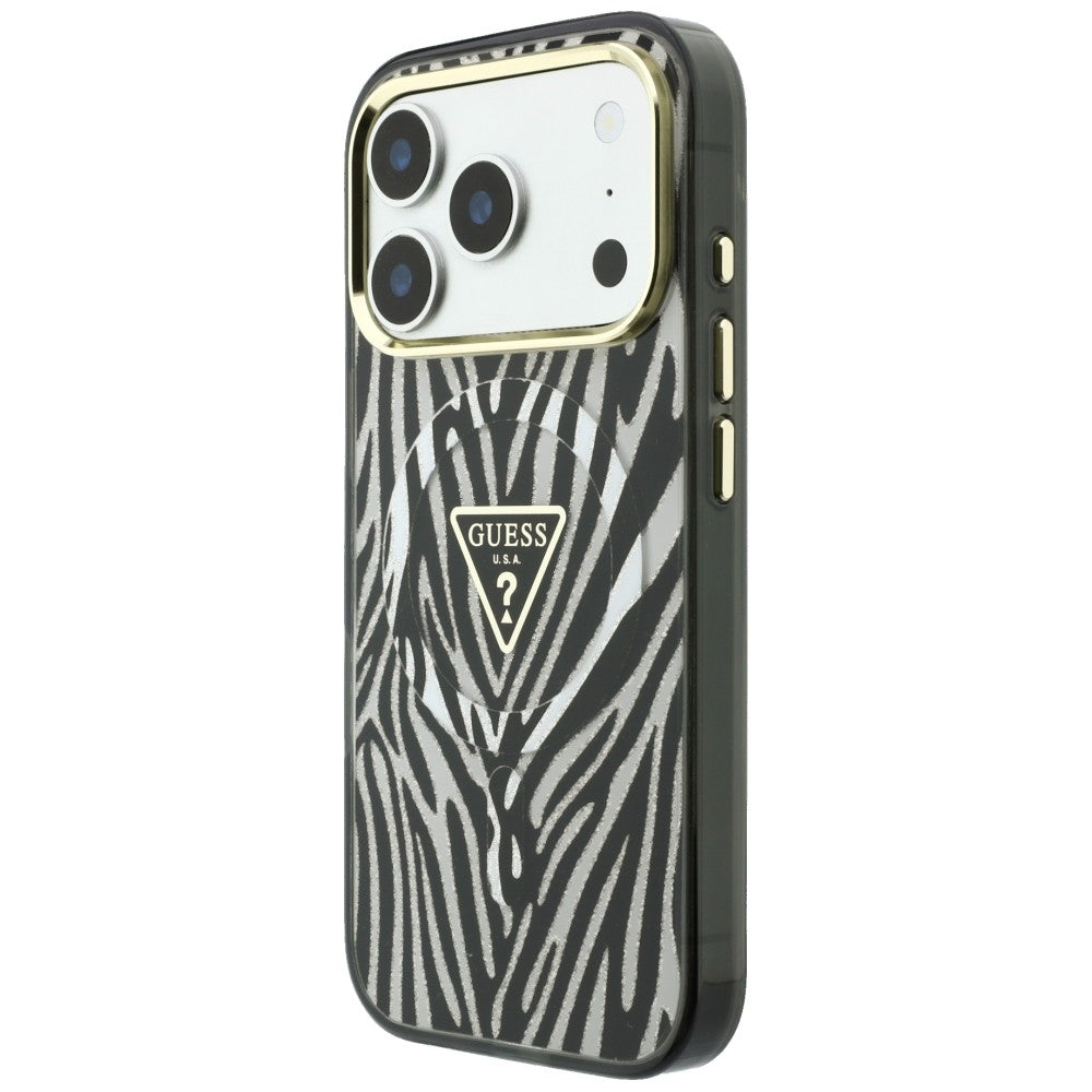 MagSafe Case for Apple iPhone 18 Pro Max / 17 Pro Max, Guess, Zebra Glitter Triangle Logo, Silver