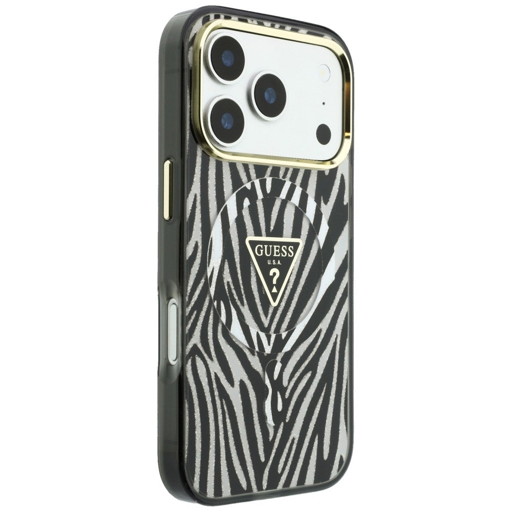 MagSafe Case for Apple iPhone 18 Pro Max / 17 Pro Max, Guess, Zebra Glitter Triangle Logo, Silver