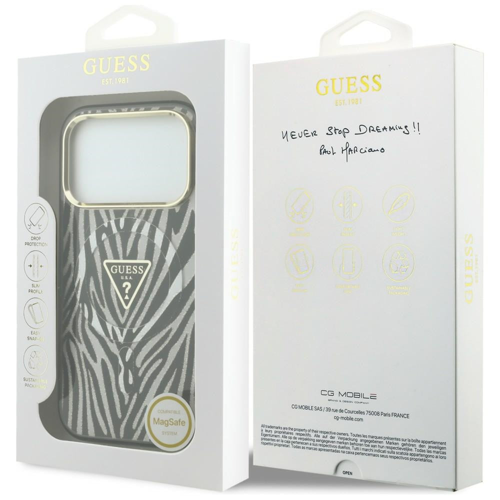 MagSafe Case for Apple iPhone 18 Pro Max / 17 Pro Max, Guess, Zebra Glitter Triangle Logo, Silver