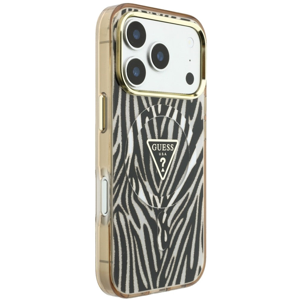 MagSafe Case for Apple iPhone 18 Pro Max / 17 Pro Max, Guess, Zebra Glitter Triangle Logo, Gold