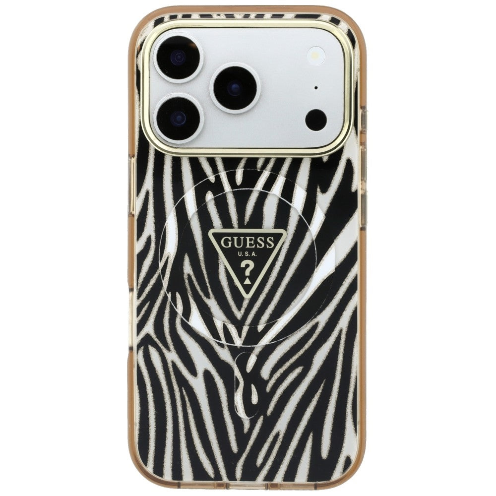 MagSafe Case for Apple iPhone 18 Pro Max / 17 Pro Max, Guess, Zebra Glitter Triangle Logo, Gold