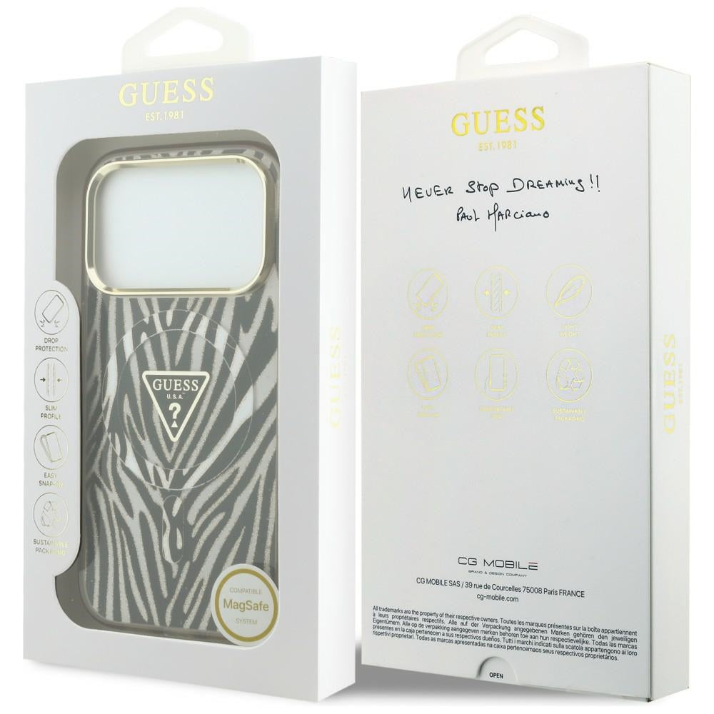 MagSafe Case for Apple iPhone 18 Pro Max / 17 Pro Max, Guess, Zebra Glitter Triangle Logo, Gold