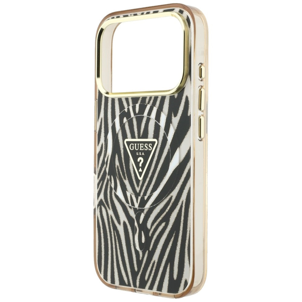 MagSafe Case for Apple iPhone 18 Pro Max / 17 Pro Max, Guess, Zebra Glitter Triangle Logo, Gold
