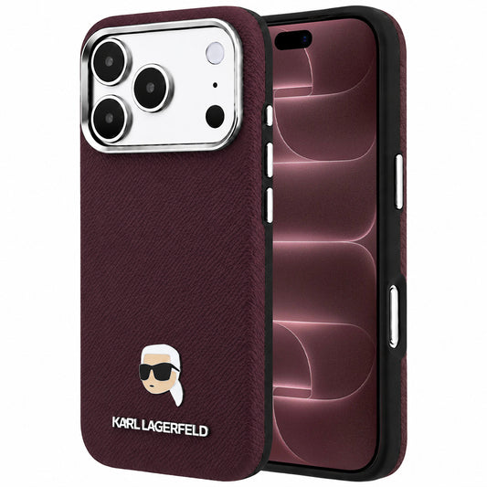 MagSafe Case for Apple iPhone 18 Pro Max / 17 Pro Max, Karl Lagerfeld, Grained Karl Head's Metal, Burgundy