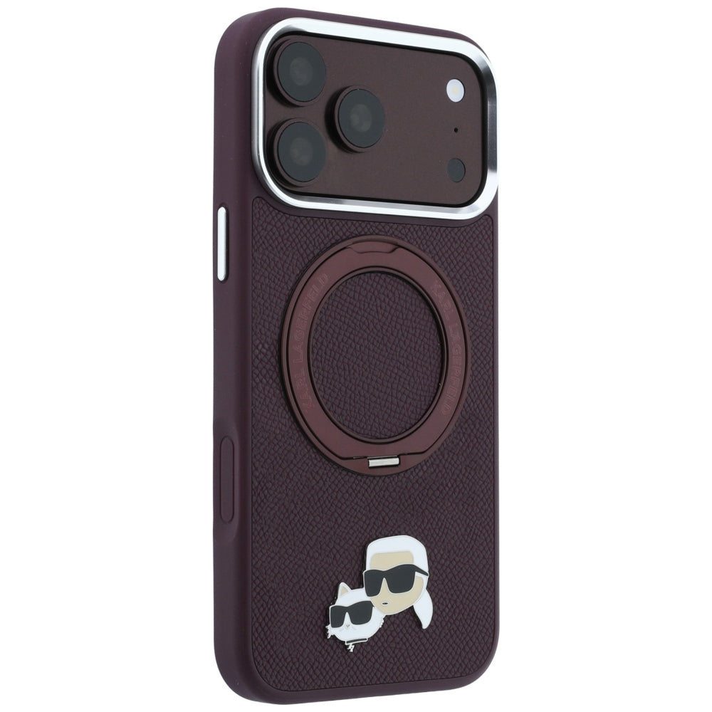 MagSafe Case for Apple iPhone 18 Pro Max / 17 Pro Max, Karl Lagerfeld, Ring Stand 360 Karl & Choupette Pin, Burgundy