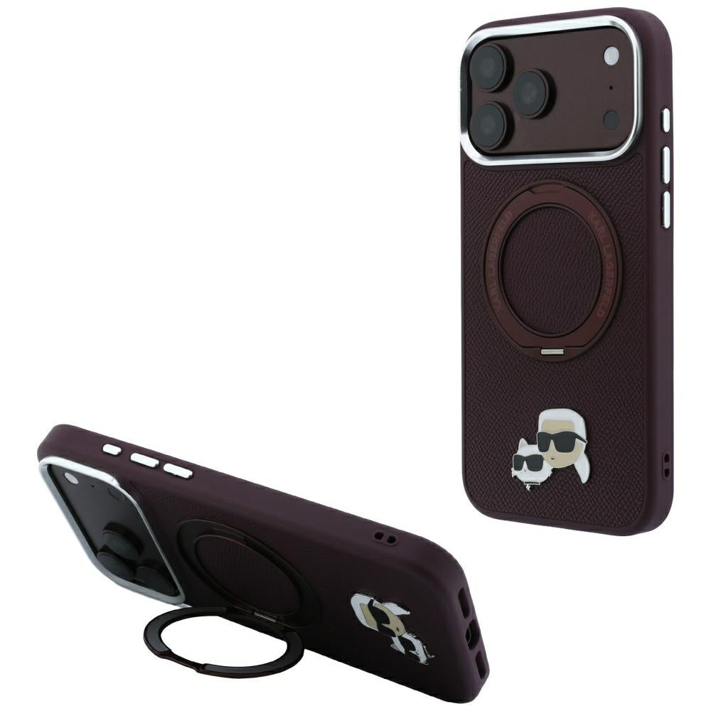 MagSafe Case for Apple iPhone 18 Pro Max / 17 Pro Max, Karl Lagerfeld, Ring Stand 360 Karl & Choupette Pin, Burgundy