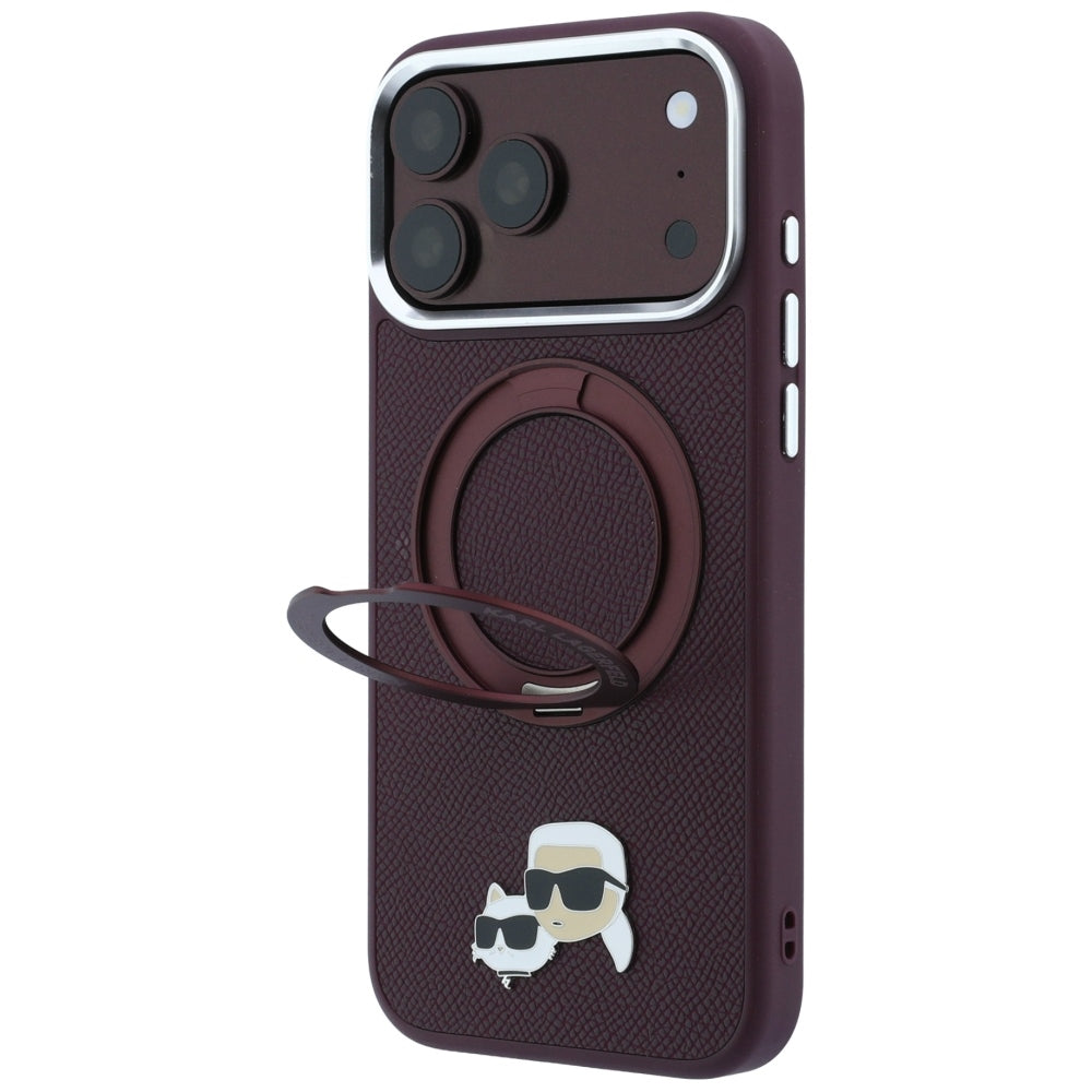 MagSafe Case for Apple iPhone 18 Pro Max / 17 Pro Max, Karl Lagerfeld, Ring Stand 360 Karl & Choupette Pin, Burgundy