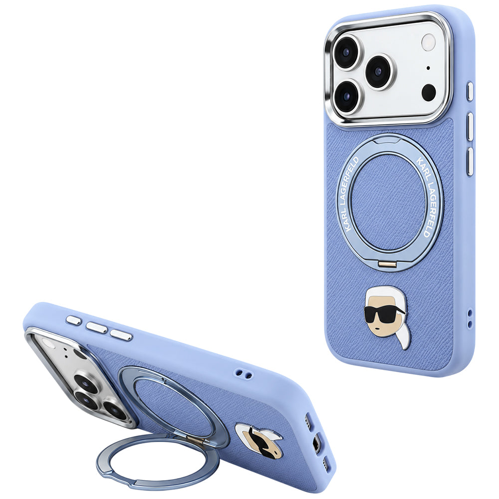 MagSafe Case for Apple iPhone 18 Pro Max / 17 Pro Max, Karl Lagerfeld, Ring Stand 360 Karl Pin, Blue
