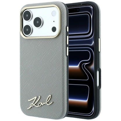MagSafe Case for Apple iPhone 18 Pro Max / 17 Pro Max, Karl Lagerfeld, Saffiano Small Script Metal Logo, Beige