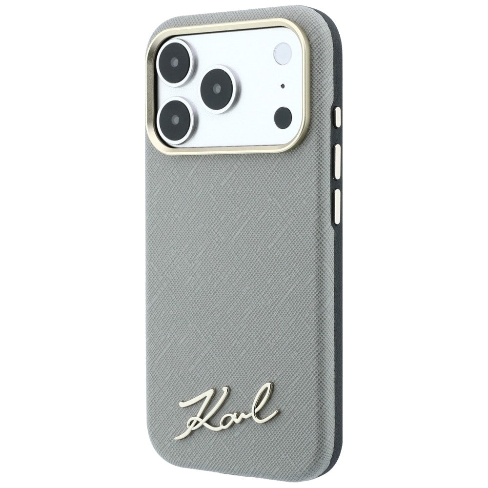 MagSafe Case for Apple iPhone 18 Pro Max / 17 Pro Max, Karl Lagerfeld, Saffiano Small Script Metal Logo, Beige
