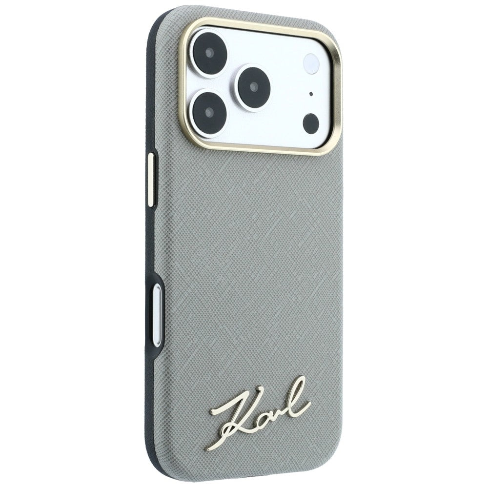 MagSafe Case for Apple iPhone 18 Pro Max / 17 Pro Max, Karl Lagerfeld, Saffiano Small Script Metal Logo, Beige