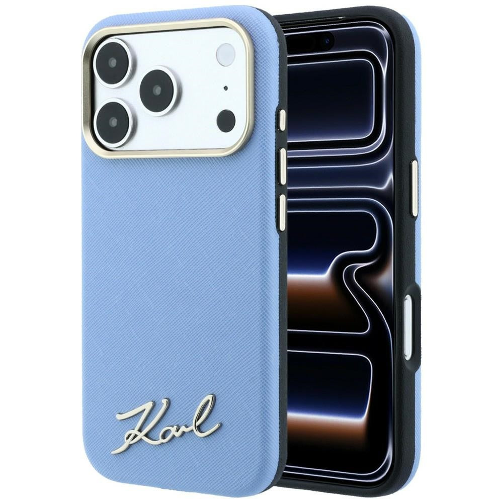 MagSafe Case for Apple iPhone 18 Pro Max / 17 Pro Max, Karl Lagerfeld, Saffiano Small Script Metal Logo, Blue