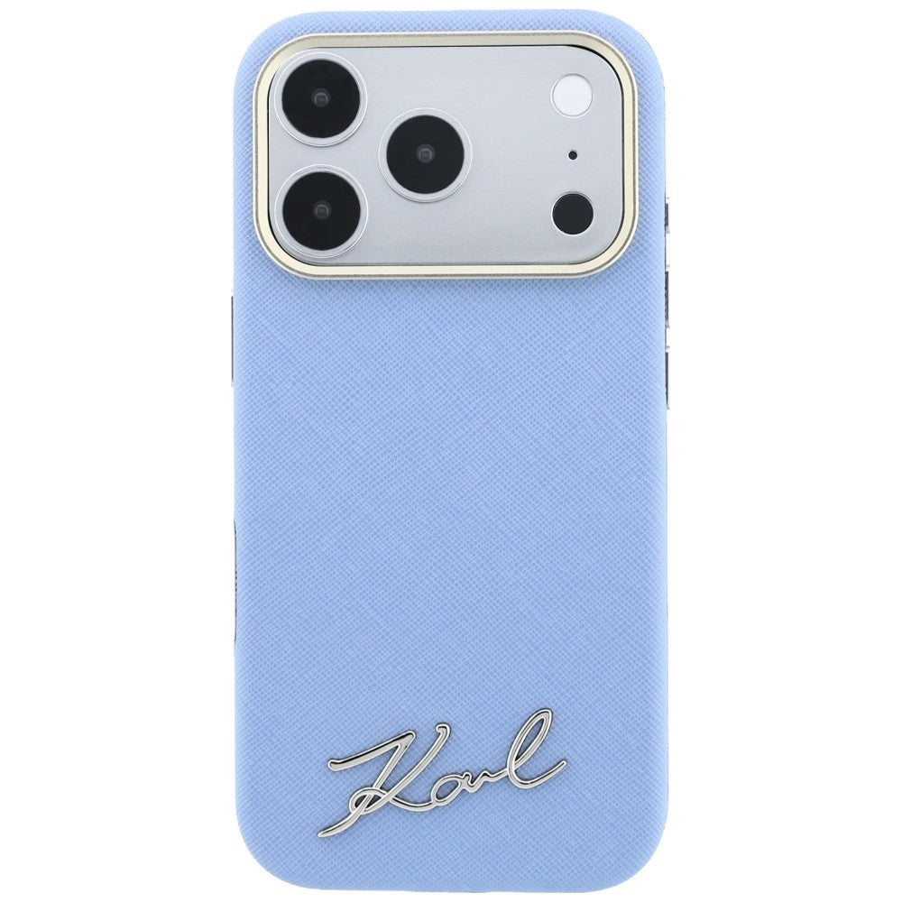 MagSafe Case for Apple iPhone 18 Pro Max / 17 Pro Max, Karl Lagerfeld, Saffiano Small Script Metal Logo, Blue