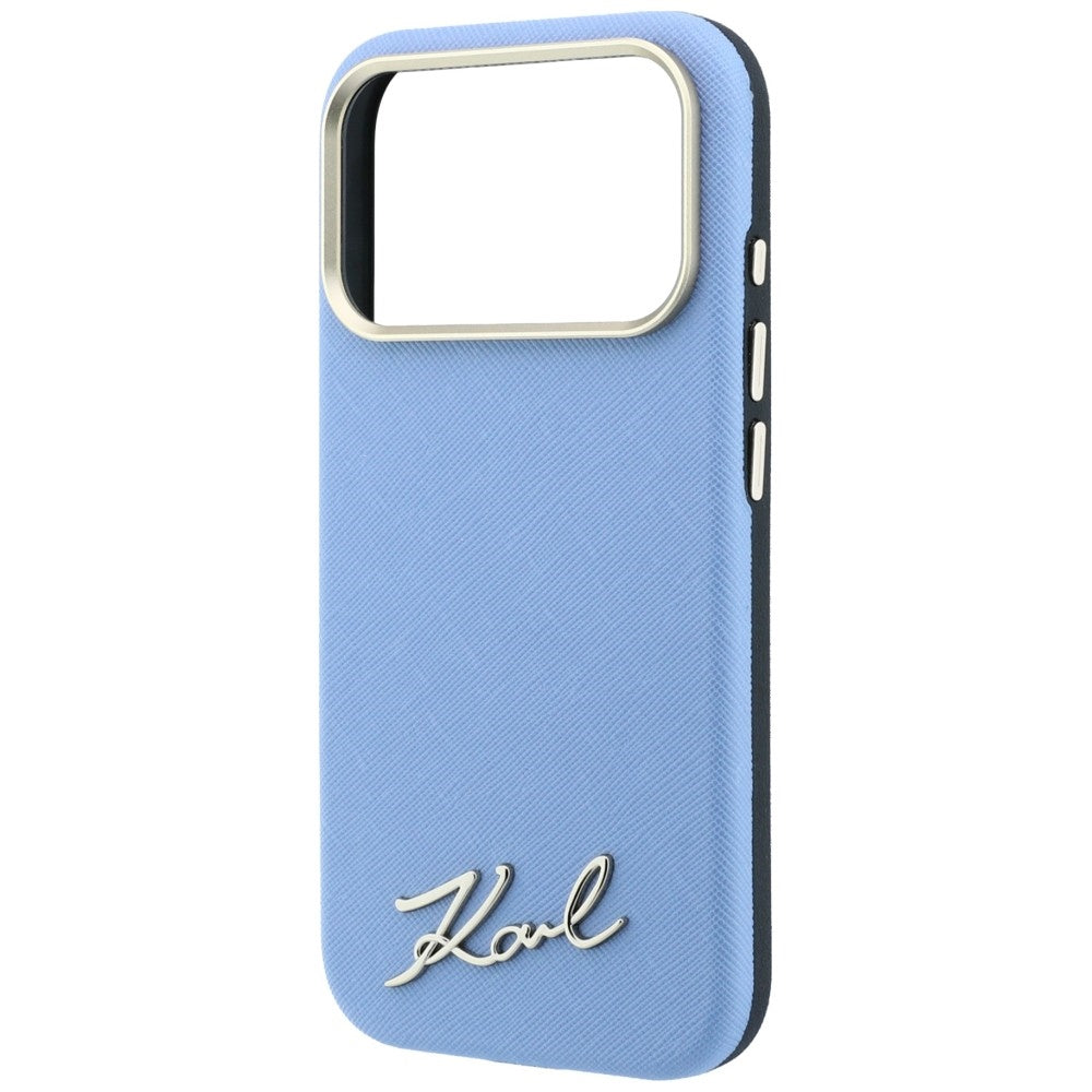 MagSafe Case for Apple iPhone 18 Pro Max / 17 Pro Max, Karl Lagerfeld, Saffiano Small Script Metal Logo, Blue