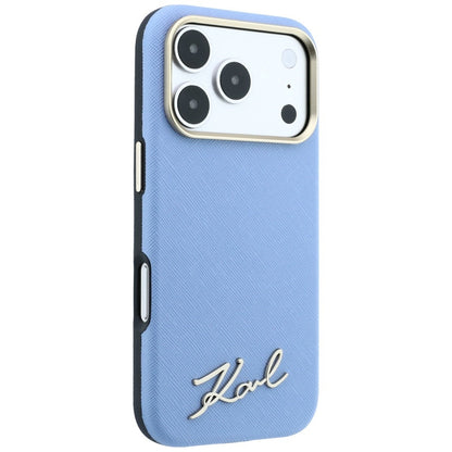 MagSafe Case for Apple iPhone 18 Pro Max / 17 Pro Max, Karl Lagerfeld, Saffiano Small Script Metal Logo, Blue